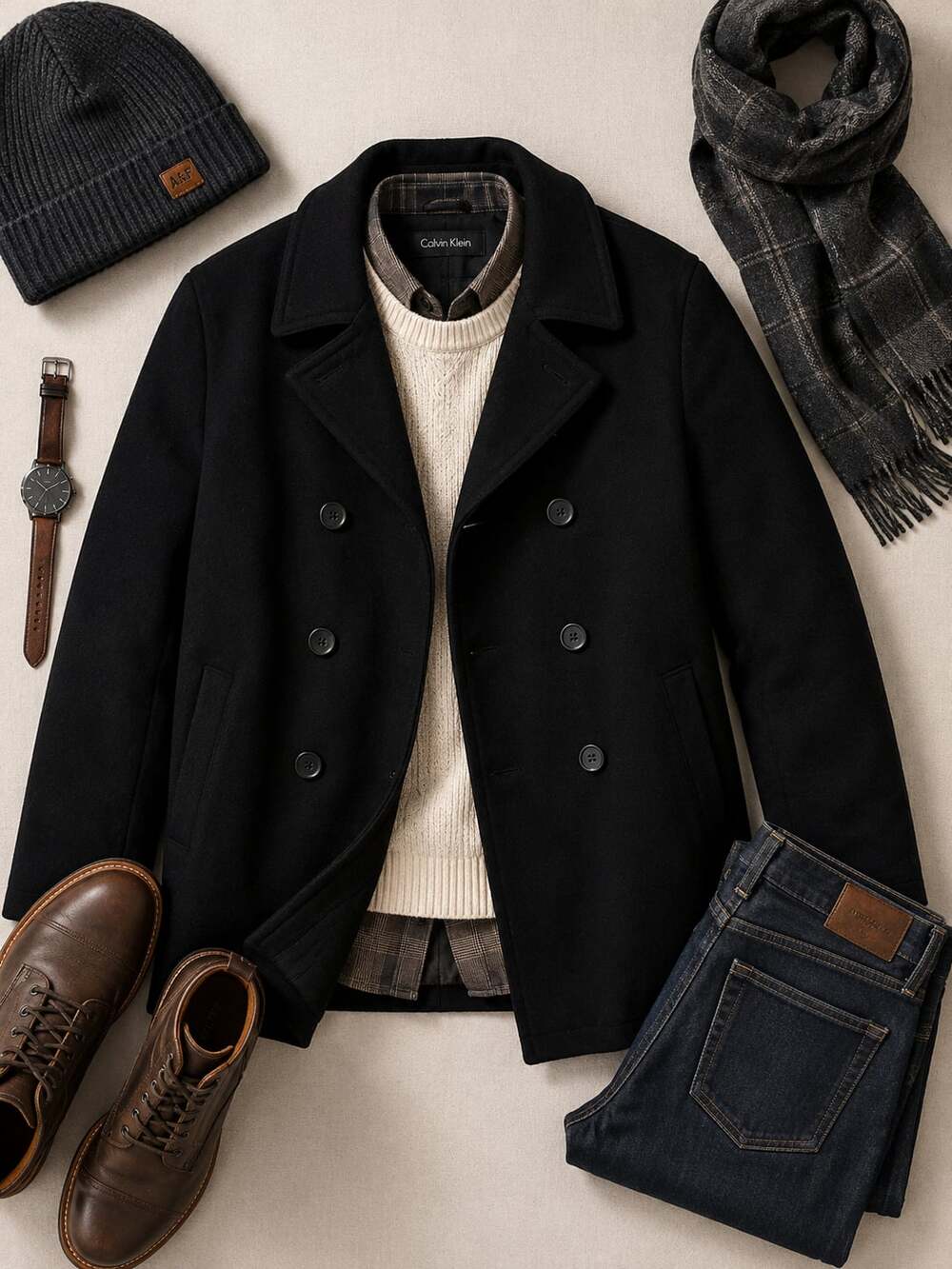 NWOT Calvin Klein Men's Black Double-Breasted Wool Blend Peacoat, Sz XL